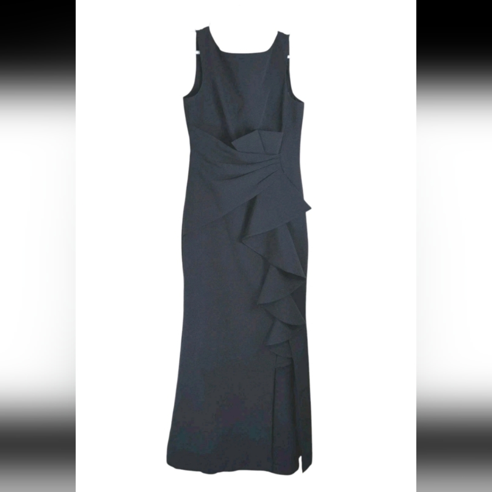 Eliza J Ruffle Front‎ Gown Size 2 Navy Sleeveless Formal Maxi Dress Slit Scuba